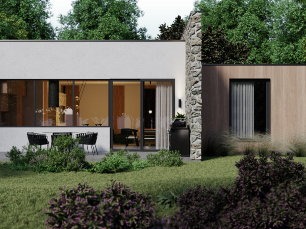 Rendu 3D détaillé du plan de maison moderne conçu par les architectes de Pammax Design & Architecture, montrant l'architecture.