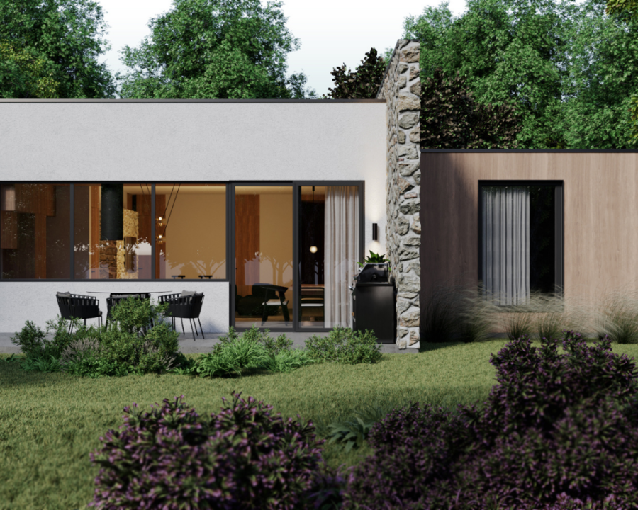 Rendu 3D détaillé du plan de maison moderne conçu par les architectes de Pammax Design & Architecture, montrant l'architecture.