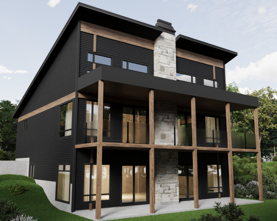 Rendu 3D détaillé du plan de maison moderne conçu par les architectes de Pammax Design & Architecture, montrant l'architecture.