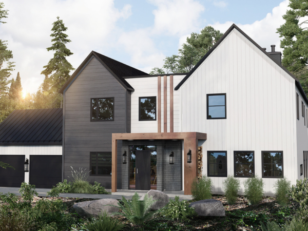 Rendu 3D détaillé du plan de maison moderne conçu par les architectes de Pammax Design & Architecture, montrant l'architecture.