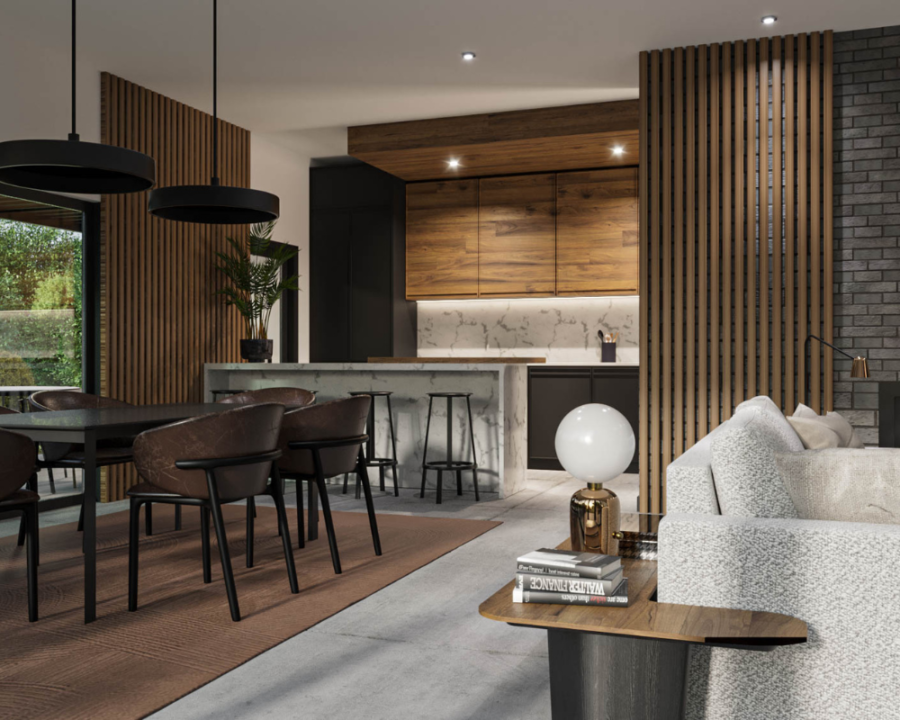 Rendu 3D détaillé du plan de maison moderne conçu par les architectes de Pammax Design, montrant l'architecture.