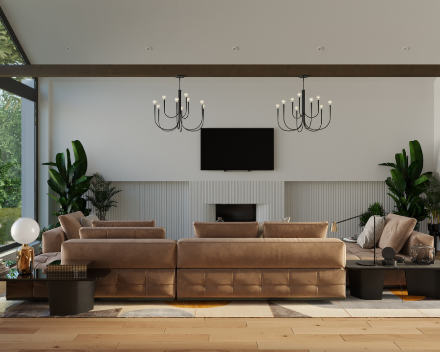 Rendu 3D détaillé du plan de maison Scandinave conçu par les architectes de Pammax Design, montrant l'architecture.
