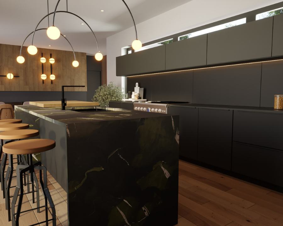Rendu 3D détaillé du plan de maison Scandinave conçu par les architectes de Pammax Design, montrant l'architecture.