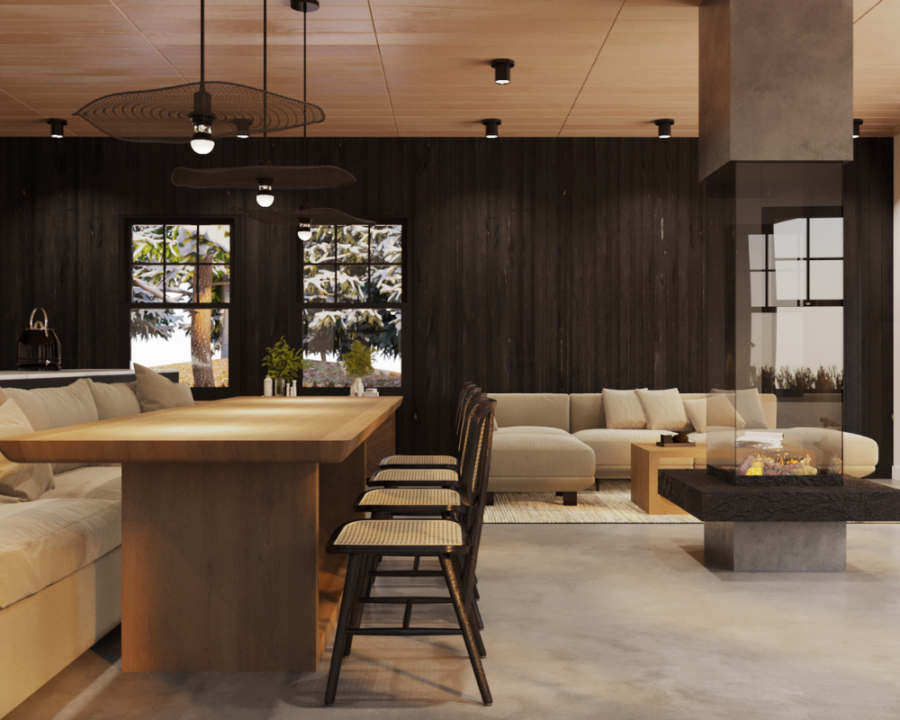 Rendu 3D détaillé du plan de chalet conçu par les architectes de Pammax Design, montrant l'architecture.