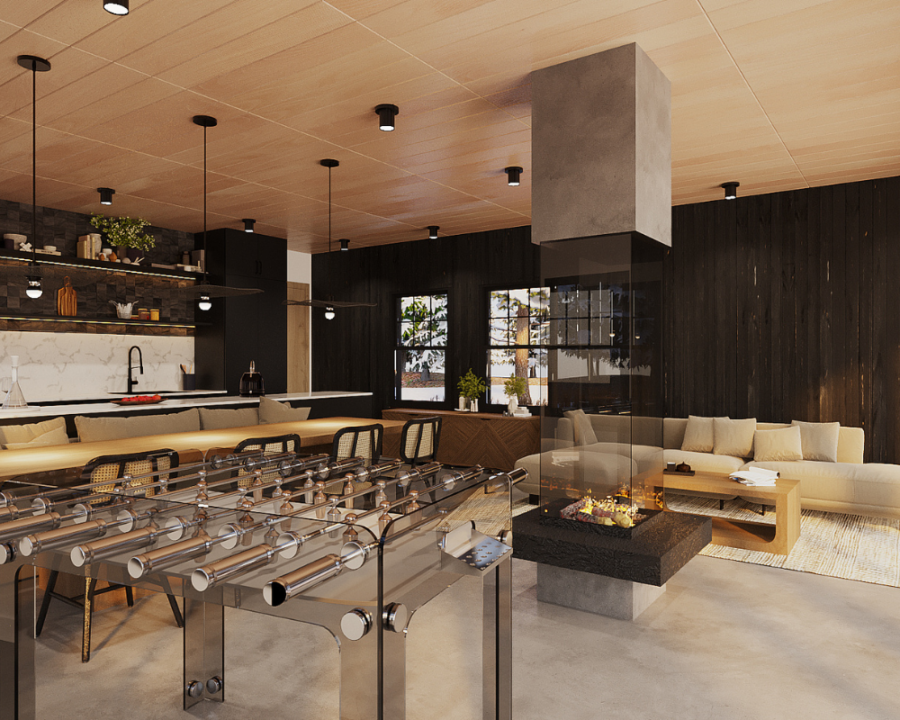 Rendu 3D détaillé du plan de chalet conçu par les architectes de Pammax Design, montrant l'architecture.