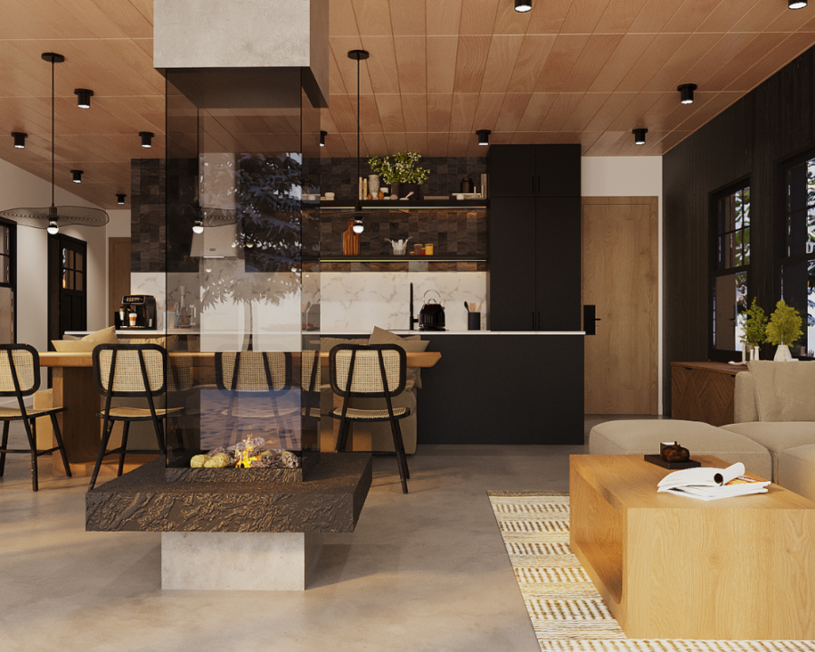 Rendu 3D détaillé du plan de chalet conçu par les architectes de Pammax Design, montrant l'architecture.