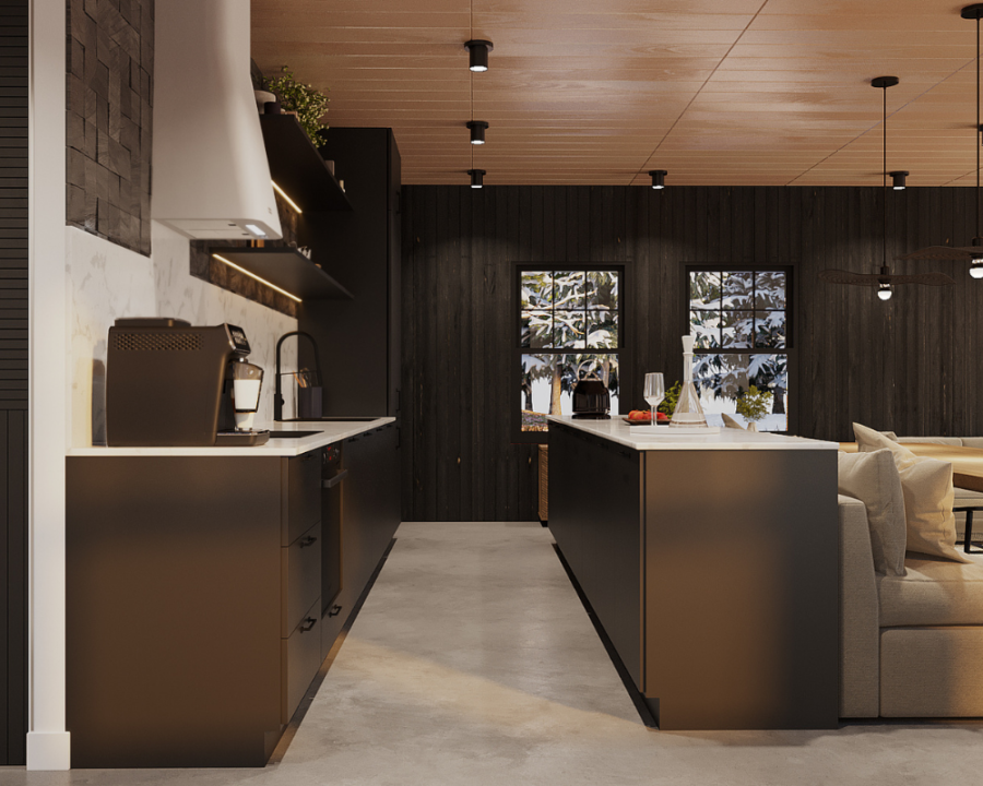 Rendu 3D détaillé du plan de chalet conçu par les architectes de Pammax Design, montrant l'architecture.