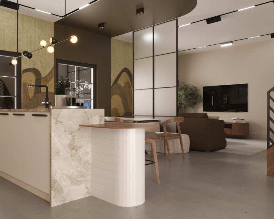 Rendu 3D détaillé du plan de maison moderne et contemporaine conçu par les architectes de Pammax Design, montrant l'architecture.