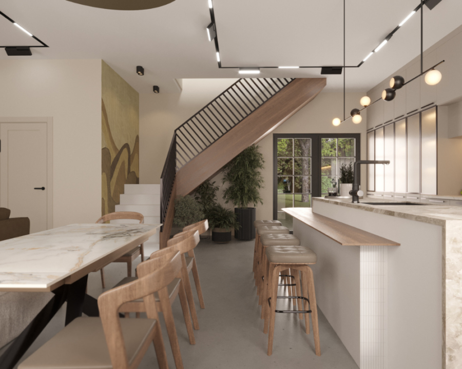 Rendu 3D détaillé du plan de maison moderne et contemporaine conçu par les architectes de Pammax Design, montrant l'architecture.