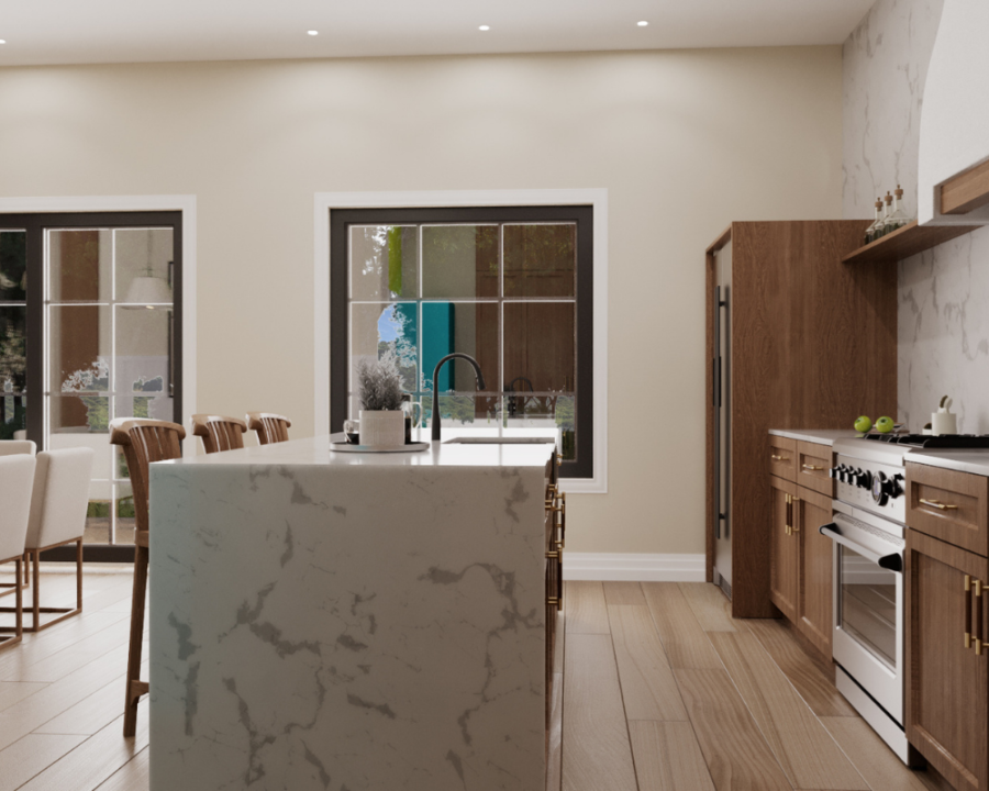 Rendu 3D détaillé du plan de maison Farmhouse conçu par les architectes de Pammax Design, montrant l'architecture.