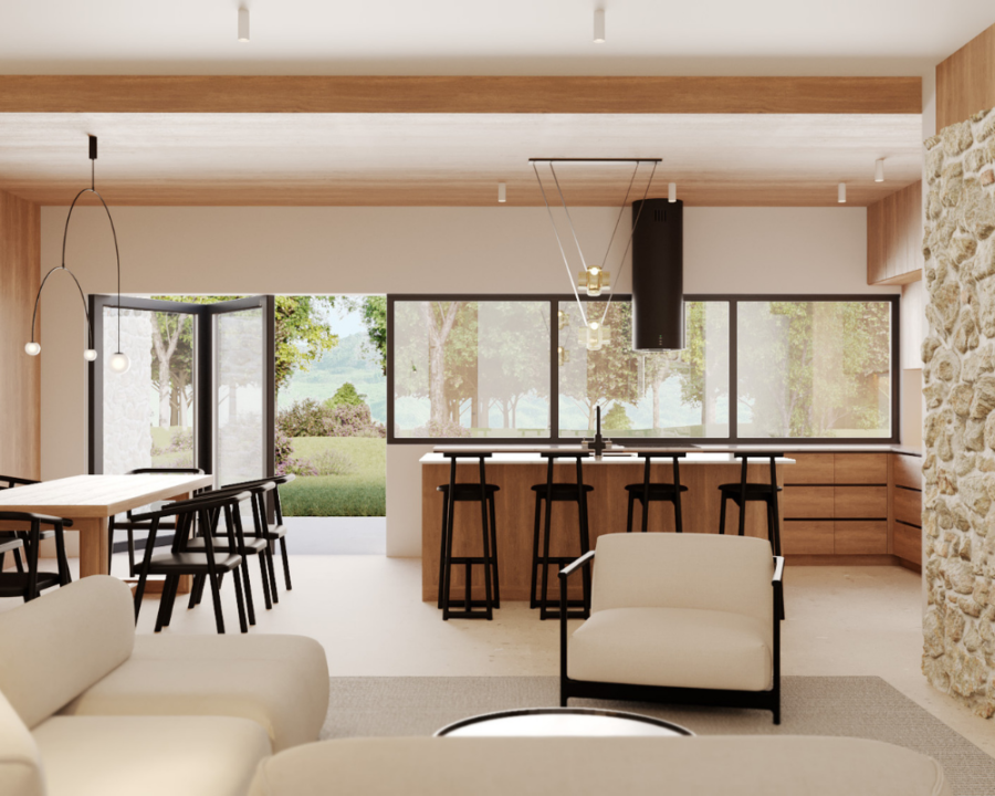 Rendu 3D détaillé du plan de maison d'architecture moderne conçu par les architectes de Pammax Design, montrant l'architecture.
