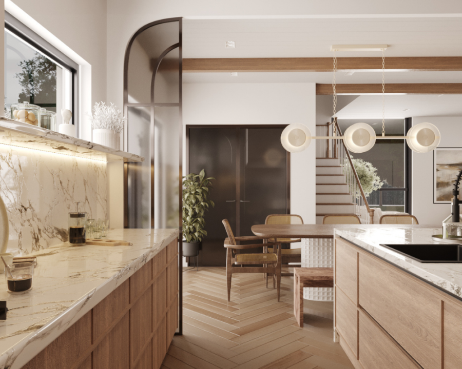 Rendu 3D détaillé du plan de semi-détaché conçu par les architectes de Pammax Design, montrant l'architecture.
