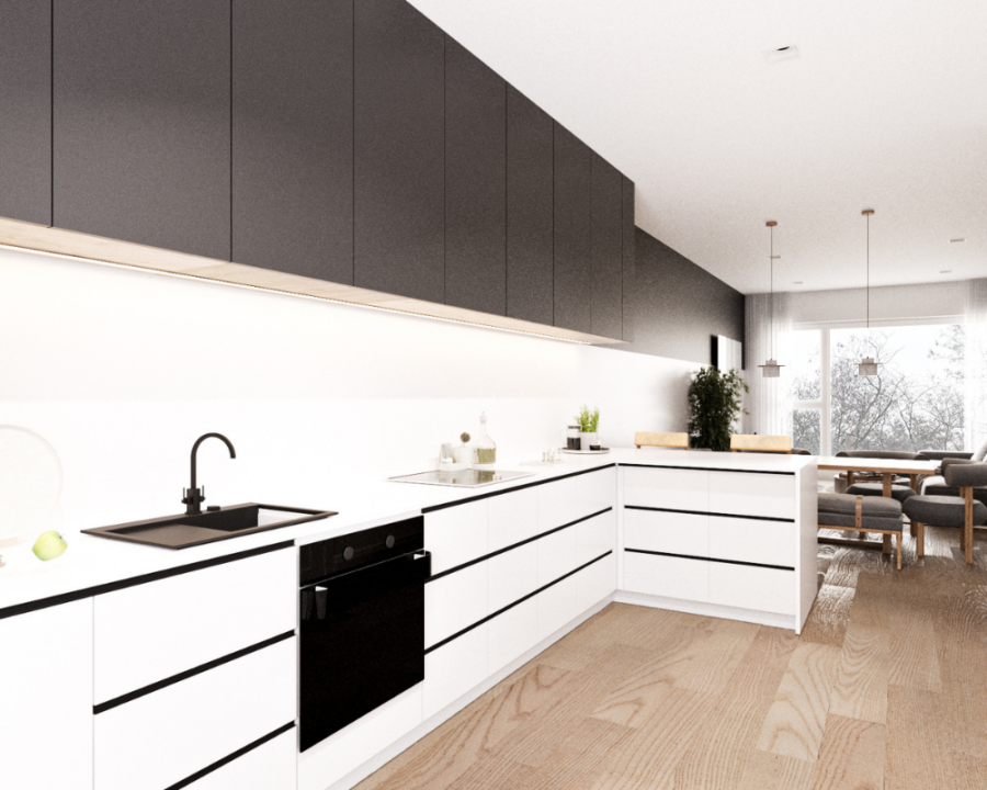 Rendu 3D détaillé du plan de duplex conçu par les architectes de Pammax Design, montrant l'architecture.