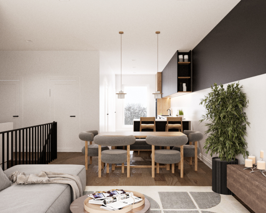 Rendu 3D détaillé du plan de duplex conçu par les architectes de Pammax Design, montrant l'architecture.
