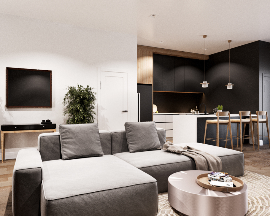 Rendu 3D détaillé du plan de duplex conçu par les architectes de Pammax Design, montrant l'architecture.
