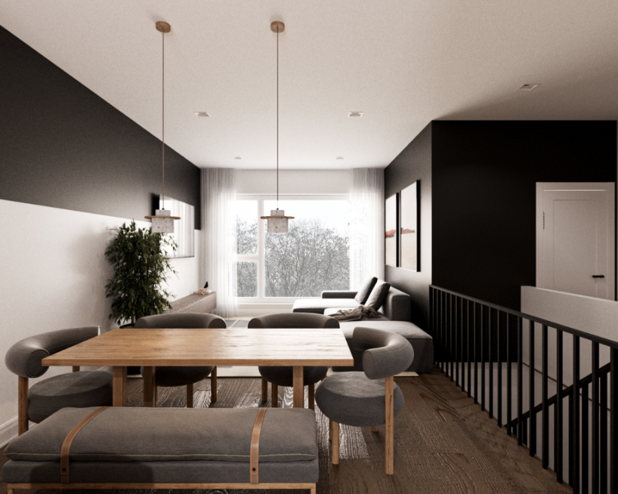 Rendu 3D détaillé du plan de quadruplex conçu par les architectes de Pammax Design, montrant l'architecture.