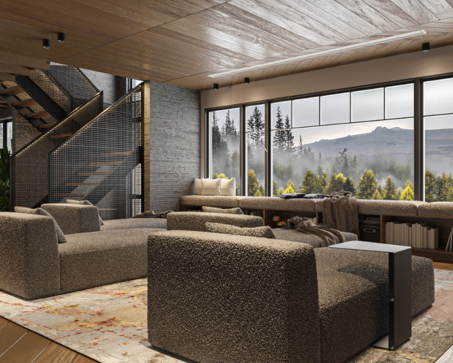 Rendu 3D détaillé des plans de chalet conçus par les architectes de Pammax Design, montrant l'architecture.