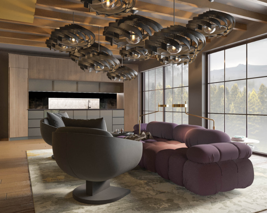 Rendu 3D détaillé des plans de chalet conçus par les architectes de Pammax Design, montrant l'architecture.