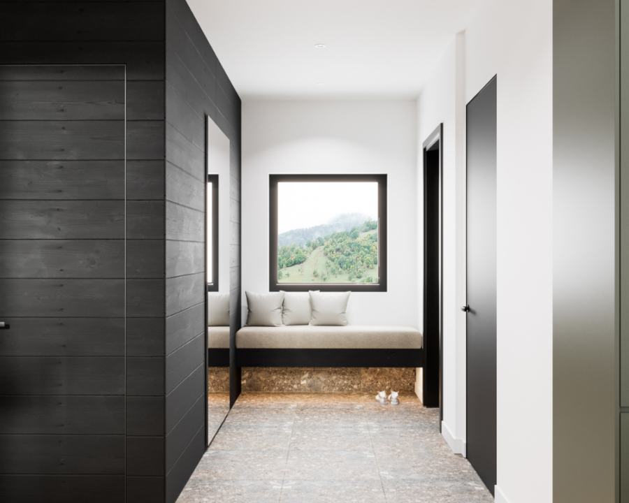 Rendu 3D détaillé du plan de chalet conçu par les architectes de Pammax Design, montrant l'architecture.