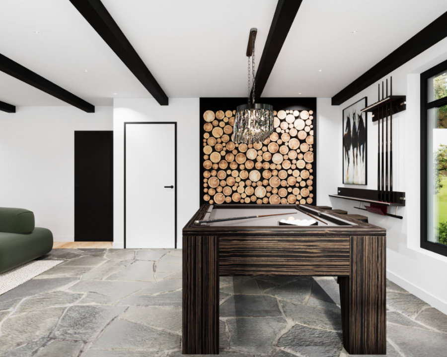 Rendu 3D détaillé du plan de chalet conçu par les architectes de Pammax Design, montrant l'architecture.