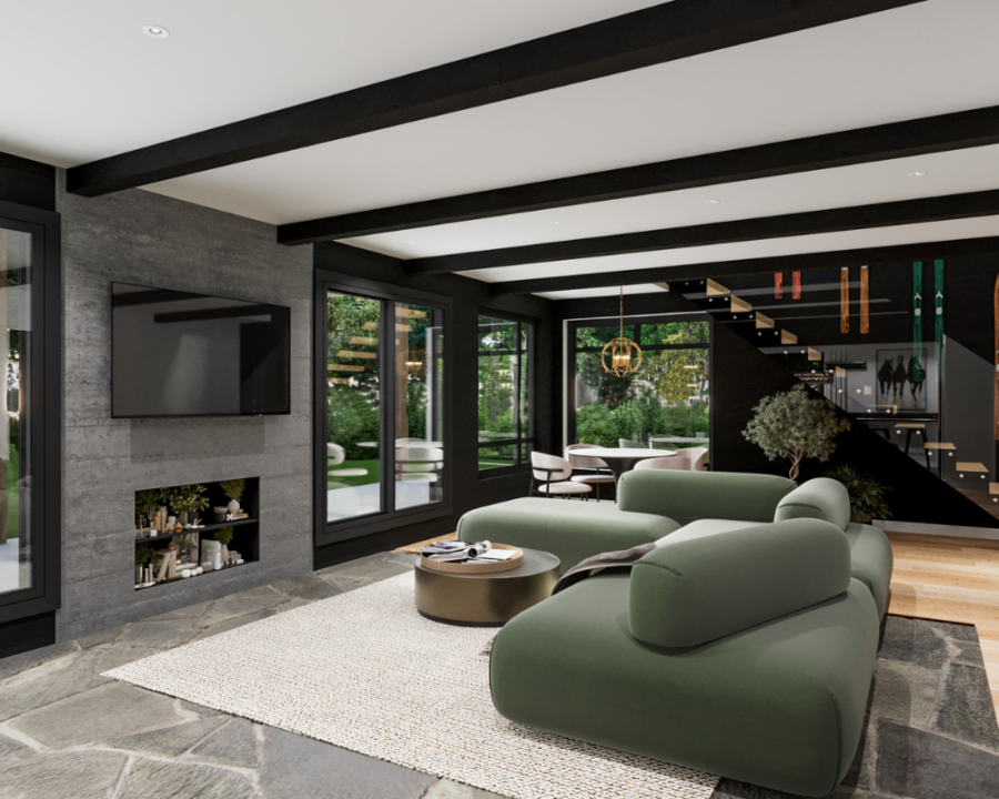 Rendu 3D détaillé du plan de chalet conçu par les architectes de Pammax Design, montrant l'architecture.