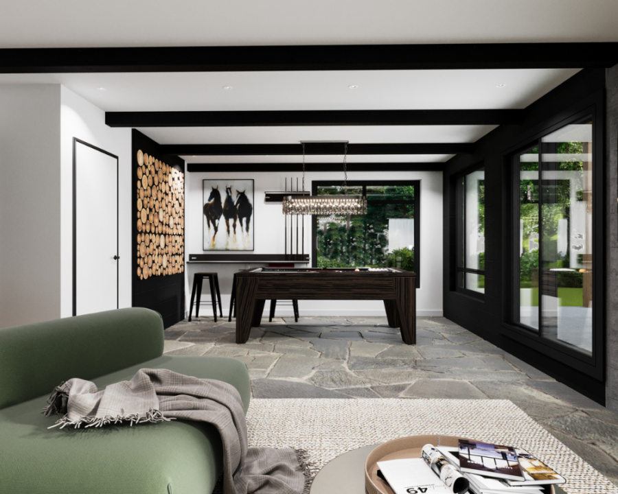 Rendu 3D détaillé du plan de chalet conçu par les architectes de Pammax Design, montrant l'architecture.