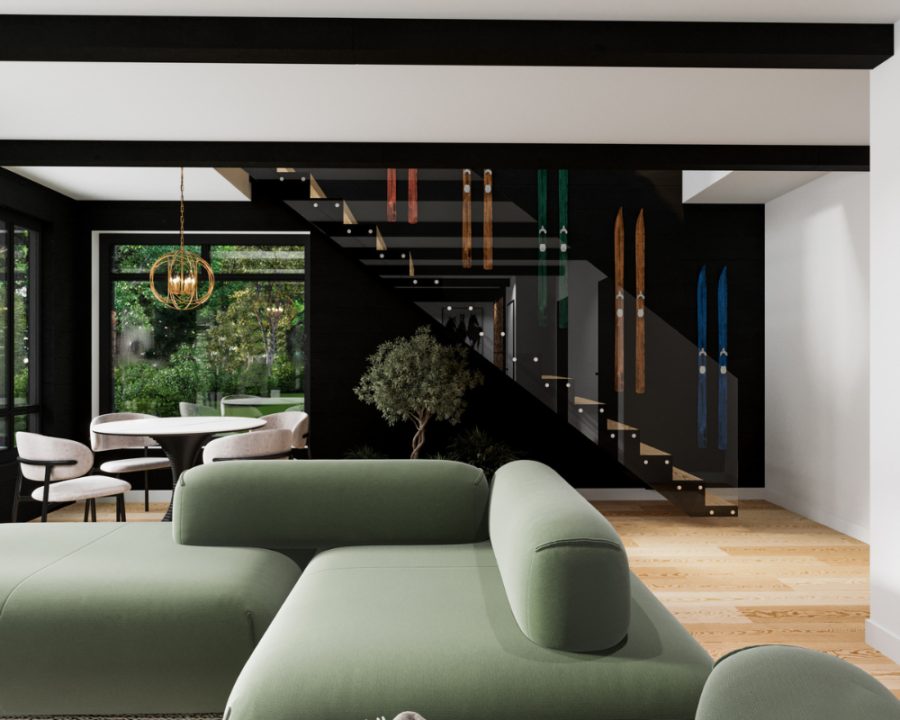 Rendu 3D détaillé du plan de chalet conçu par les architectes de Pammax Design, montrant l'architecture.