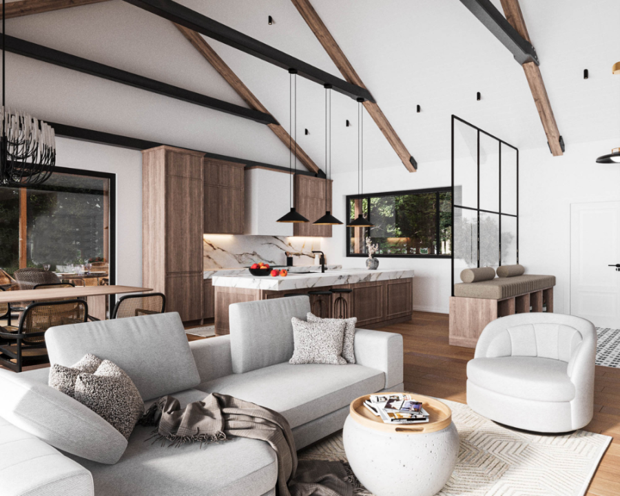Rendu 3D détaillé du plan de maison Farmhouse conçu par les architectes de Pammax Design, montrant l'architecture.