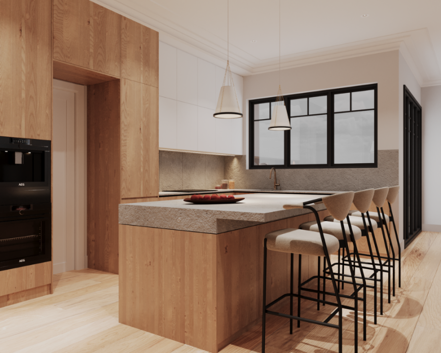 Rendu 3D détaillé du plan de maison unifamiliale conçu par les architectes de Pammax Design, montrant l'architecture.